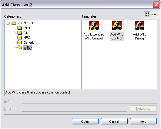 Visual C++ add class dialog on WTL folder